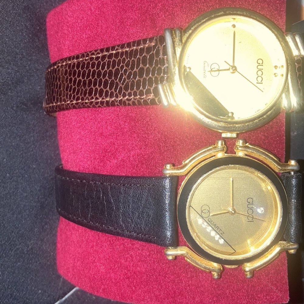Gucci 1970s vintage horsebit unisex gold plated watches.